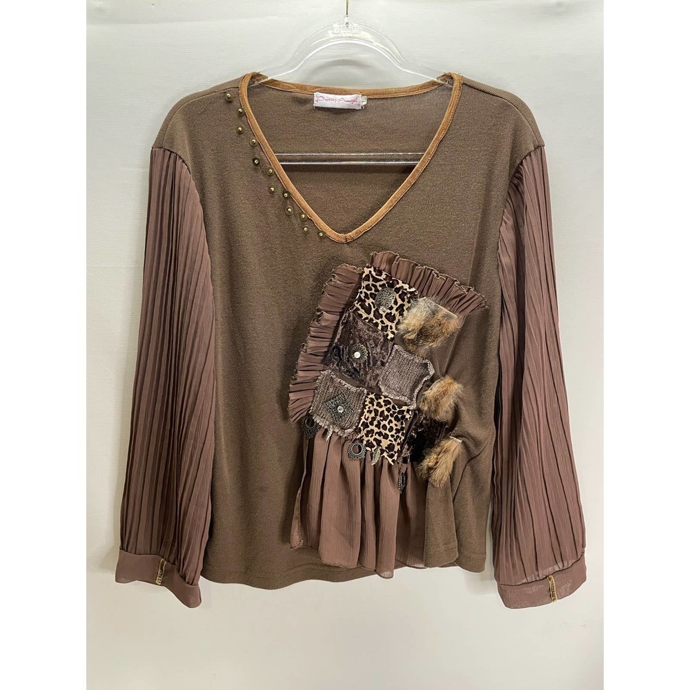 Pretty Angel Silk Blend Mixed Media Long Sleeve Brown Blouse Fur Charms Large